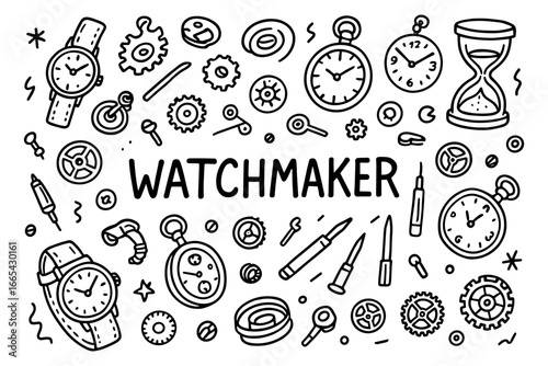 Hand drawn watchmaker tools and clock parts doodle concept