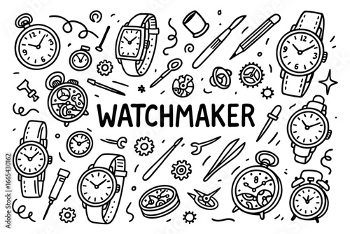 Hand drawn watchmaker tools and watches in doodle style for horology enthusiasts