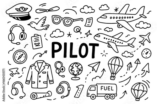 Pilot themed doodle collection featuring airplanes, accessories, and travel icons