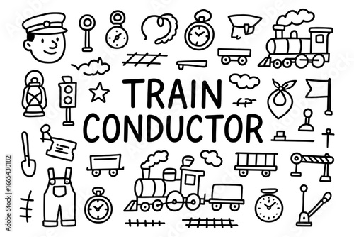 Hand drawn train conductor elements with locomotive and accessories