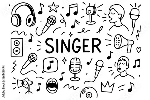 Musical icons and singing doodles in black and white hand drawn style