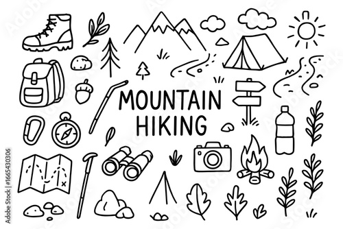 Outdoor adventure doodles featuring hiking and camping essentials in black and white