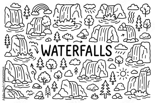 Doodle waterfall patterns with trees and clouds in linear style