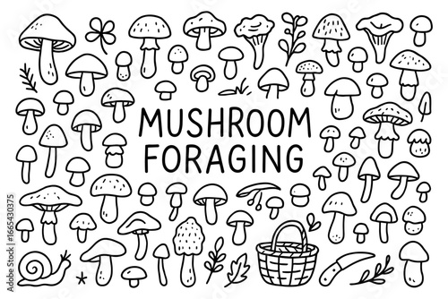 Whimsical mushroom foraging collection in hand drawn style for nature enthusiasts