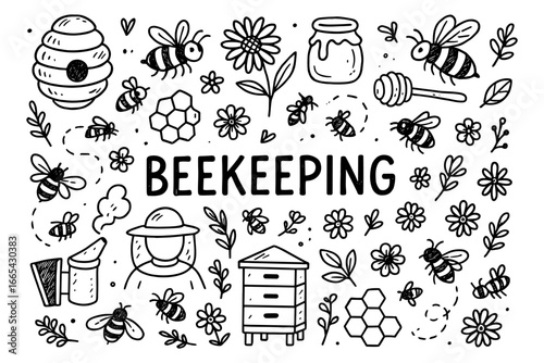 Beekeeping essentials doodle art with flowers, bees, and honey elements