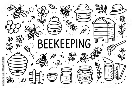Hand drawn beekeeping elements with bees, hives, and floral accents