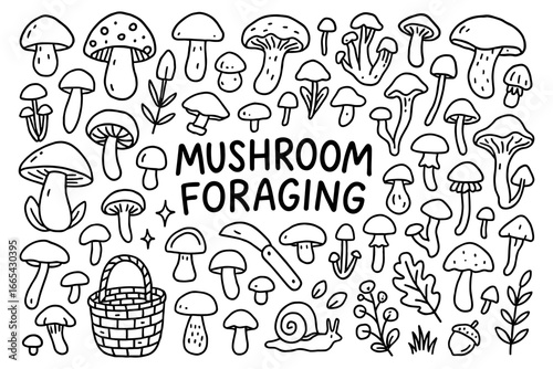 Mushroom foraging: hand drawn organic nature collection with basket and snail