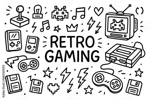 Retro gaming doodle with classic consoles and icons