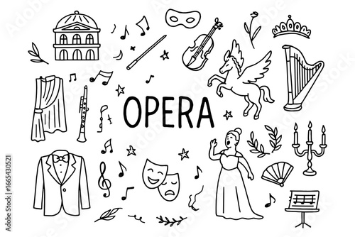 Opera elements doodle set with musical instruments and iconic symbols