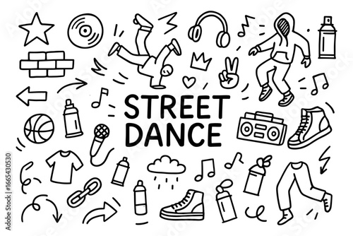 Urban dance elements in bold outline with hip hop icons and energetic symbols