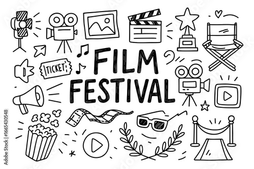 Doodle film festival elements with cinema icons and awards symbols