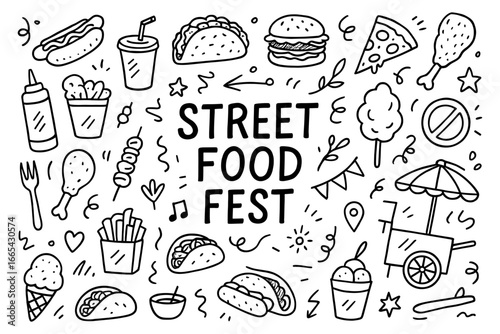 Wallpaper Mural Street food fest doodle: tacos, burgers, pizza, and snacks extravaganza Torontodigital.ca