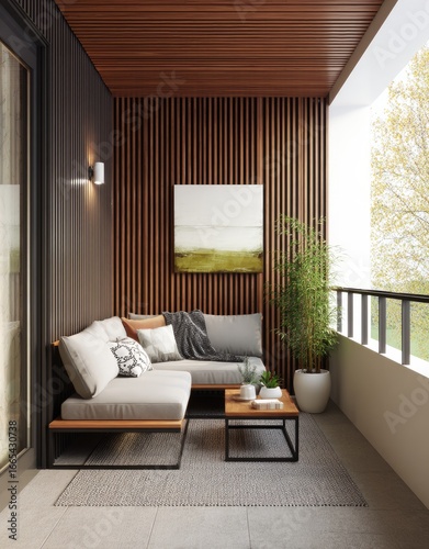 Modern balcony with wooden paneling and comfortable seating (1)