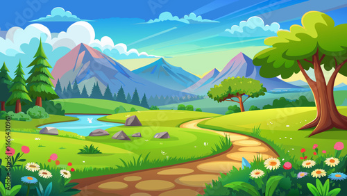  very beautiful Cartoon meadow landscape. Summer green fields view, spring lawn hill and blue sky, green grass fields landscape vector background illustration. Field grass, meadow landscape spring or