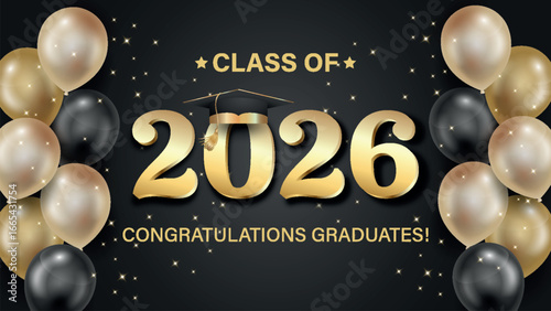 Vector illustration. Class of 2026 badge design template in black and gold colors. Congratulations graduates 2026 banner sticker card with academic hat for high school or college graduation