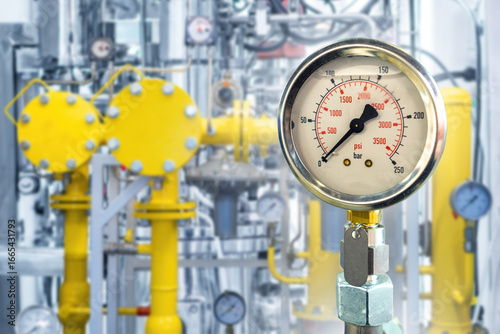 Gas equipment. Industrial pipes with manometers. Gas compressor station. Industrial sensors show no pressure. Concert stoppage of gas supplies to production. Oil industry. Petroleum, gasoline