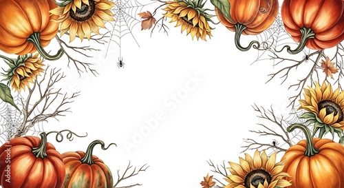 A decorative border of pumpkins and sunflowers with branches and spiderwebs, evoking an autumn harvest theme.