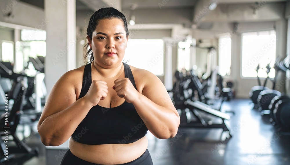 Fototapeta premium Plus size woman intense workout portrait in modern gym, inclusive fitness and wellness concept with wide negative space for commercial and editorial use