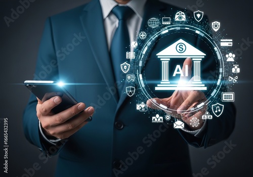 A businessman in a suit interacts with AI technology, highlighting financial innovation and digital banking concepts.