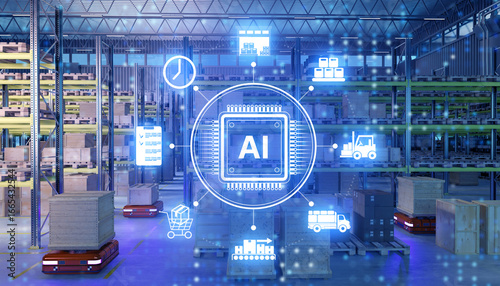 Smart warehouse with autonomous robots and AI logistics icons managing cargo, concept of automation, supply chain, artificial intelligence. Logistics, Artificial Intelligence, Automation.