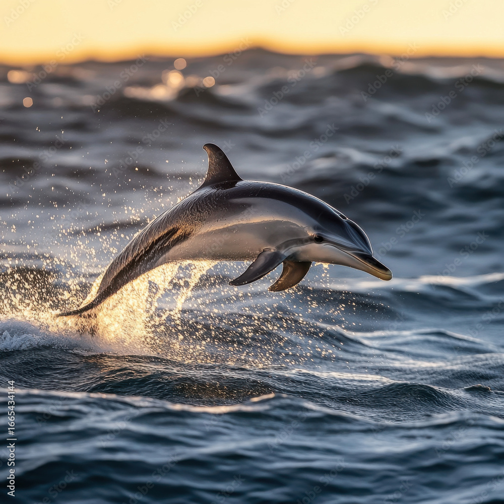 Fototapeta premium Dolphin gracefully flipping in mid-air above the ocean, dynamic movement, sparkling water droplets, golden hour lighting, breathtaking wildlife photography, ultra-realistic details