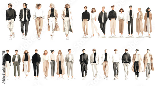 Elegant fashion illustration set featuring men and women in minimalist outfits with neutral tones. Perfect for styling, fashion design, and modern lifestyle projects.