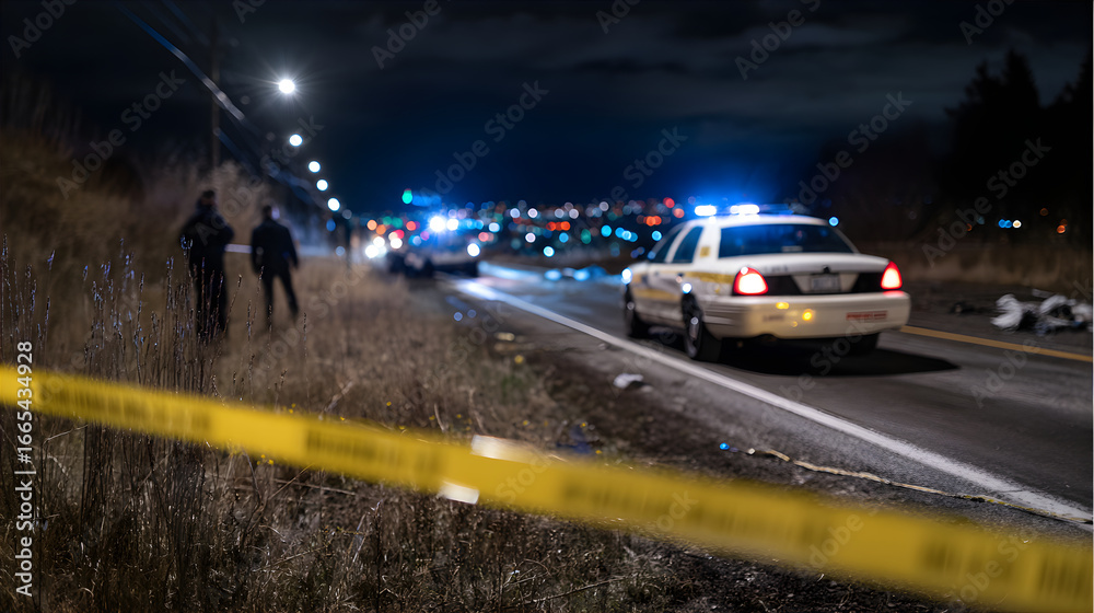 Obraz premium Forensic investigation at night with yellow police tape and blurred crime scene on a road for news or documentary.