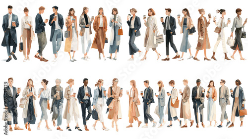 Trendy illustration set of stylish men and women walking in modern outfits. Perfect for fashion, lifestyle, street style, and urban design projects.