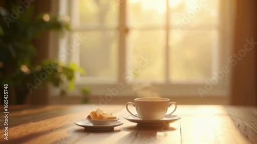 Relaxing morning coffee steaming in golden sunlight streaming through window, perfect for cozy lifestyle and wellness content