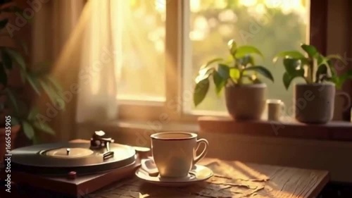 Relaxing morning scene with record player, coffee, and streaming sunlight creating a peaceful atmosphere with plants and a window view