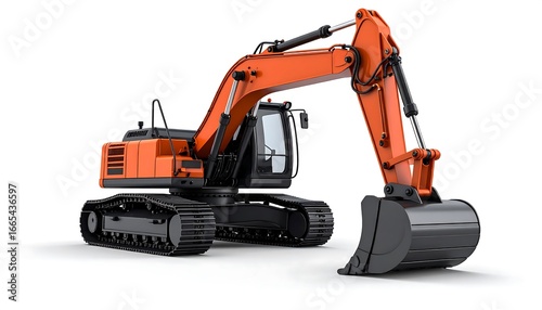 A powerful, orange construction excavator with dark treads stands out against a plain white background.