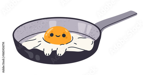 Chicken egg character in frying pan. Cartoon fried eggs mascot, funny comic eggs with facial emotions flat vector illustration. Cute fried egg mascot with humorous face