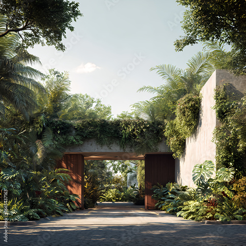 A modern stone gatehouse entrance with a large archway and stone walls that match the colors beige and gray, as well as a wooden gate with a stylized font and lush greenery and flowers.