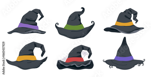 Witch pointy hats. Halloween spooky wizard hats, trick or treat october party magic costume element flat vector illustration set. Cartoon magician hats collection