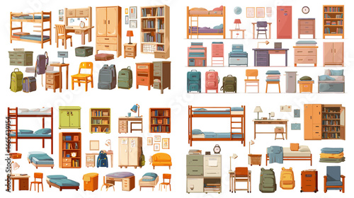 Collection of dormitory room furniture including bunk beds, desks, wardrobes, chairs, and storage. Perfect for student housing, hostel, and interior design concepts.