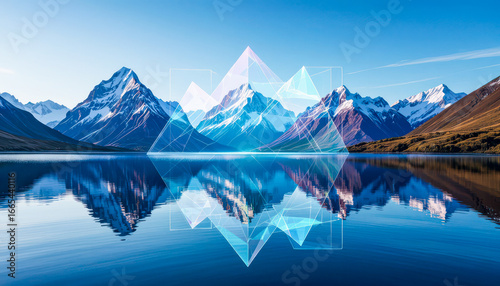 Mountain reflections with abstract shapes on a tranquil lake in clear weather