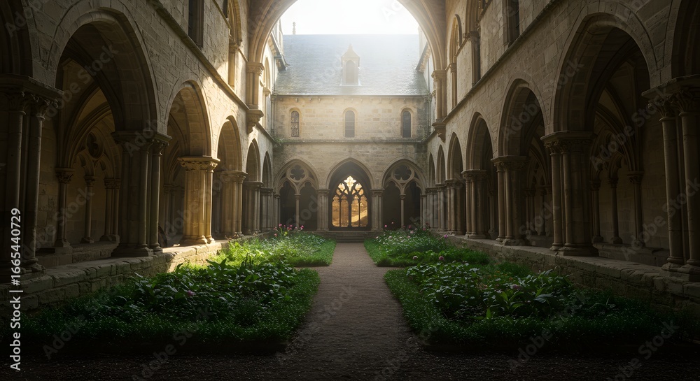 Fototapeta premium A medieval abbey with cloisters and a garden courtyard soft morning light
