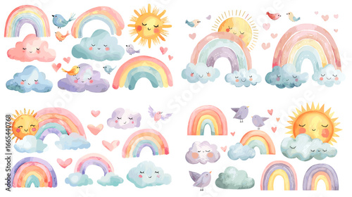 Watercolor rainbows, clouds, sun, and birds in soft pastel colors. Perfect for nursery art, children’s illustrations, wallpapers, and dreamy sky decorations.