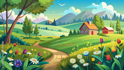  very beautiful Idyllic summer meadow with wildflowers. Rural countryside landscape with rolling green hills, trees, and farmhouse. Cartoon vector illustration background for nature