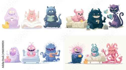Colorful cartoon monsters relaxing at home, drinking tea, reading, and enjoying daily life. Perfect for children’s illustrations, fantasy art, and fun designs.