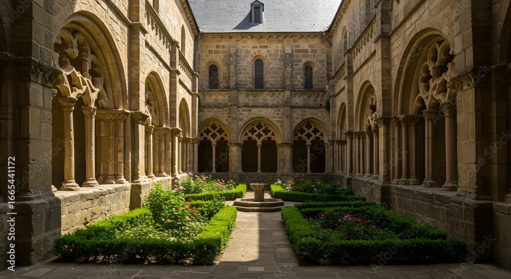 Fototapeta premium A medieval monastery with stone arches and a cloister garden soft sunlight