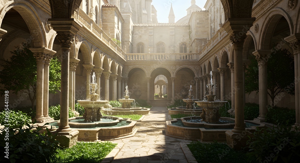 Fototapeta premium A medieval palace courtyard with fountains and ornate columns