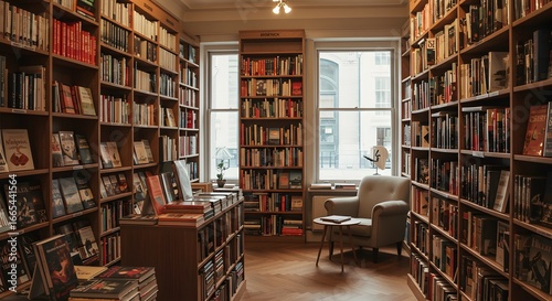 A photorealistic image of a book store with tall shelves filled with colorful books and a reading nook by the window