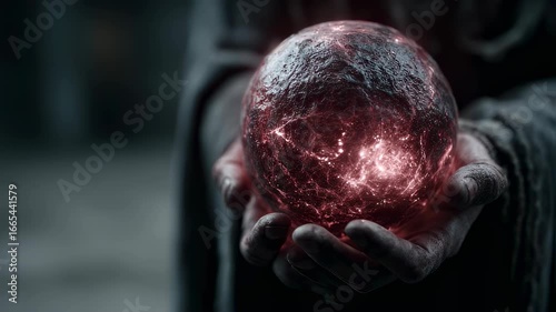 Mystical glowing orb held in hands. Fantasy crystal ball with red energy. Magic, fortune telling, and divination concept. Mysterious and supernatural power visualization.