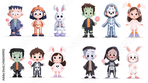Cute children in Halloween costumes including skeletons, Frankenstein, ghost, and bunny suits. Perfect for seasonal design, party invitations, stickers, and playful character illustrations.