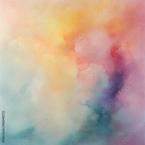 Ethereal pastel watercolor blur, delicate light pinks, soft blues, and warm yellows blending in a cloud-like formation, dreamlike composition, cinematic fine art texture 