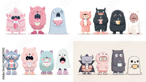Funny monsters and kids in costumes drinking coffee and tea, drawn in soft pastel tones. Perfect for humor art, Halloween illustrations, character design, and whimsical cartoons.