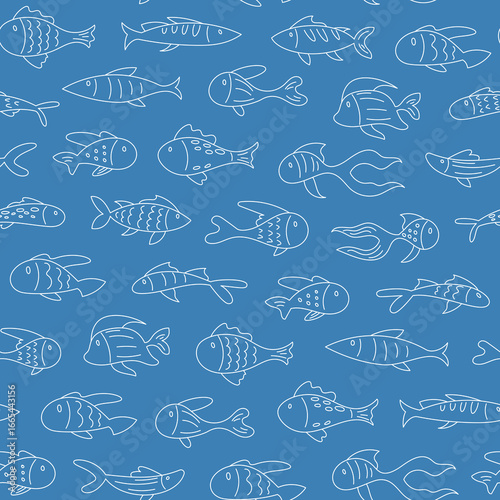 Seamless marine flat pattern with fish silhouettes. Aquatic creatures in underwater ocean theme create a vibrant sea background. Abstract marine design in outline style, versatile for aquatic