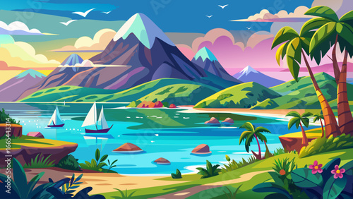  very beautiful Sea and mountains landscape flat vector illustration 