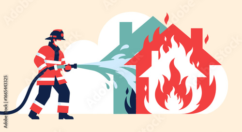 A firefighter bravely sprays water from a hose to extinguish a house engulfed in flames, with another house nearby.